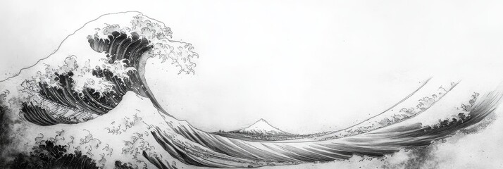 Fototapeta premium A powerful ocean wave is depicted in a majestic black and white art print illustration