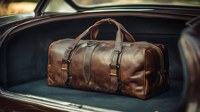 Fototapeta Leather weekender bag in a vintage car trunk