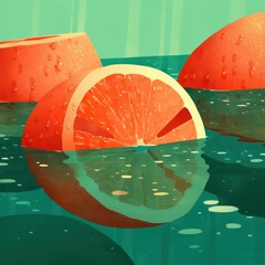 Illustrative grapefruit slices with water ripples and reflections, vibrant orange-red against fresh green backdrop.