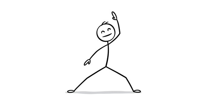 Joyful stick figure in wide stance with raised hand on white bac
