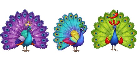 Obraz premium Three Colorful Peacocks with Unique Designs Showing Tail Feathers