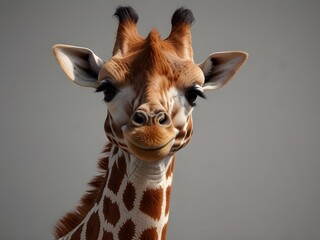 Close up of a giraffe head and neck, featuring its distinctive brown and white patterned coat, small horns, and large eyes against a neutral background.