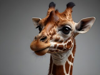 Close up portrait of a giraffes head and neck, featuring its brown and white patterned coat, small ears, and expressive eyes, set against a neutral gray background.