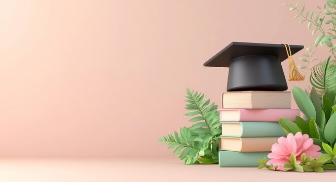 Academic achievement is symbolized by a graduation cap, a diploma, and a collection of colorful books positioned on a yellow background