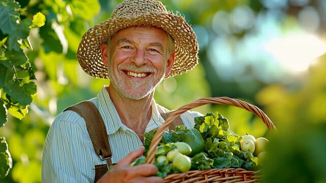 Smiling farmer holding basket of fresh vegetables in sunlit garden.