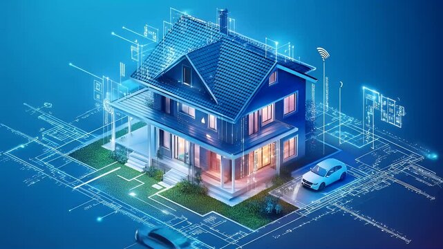 Blueprint visualization of a modern home and car showcasing futuristic technology integration
