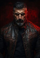 Obraz premium A man wearing a black leather jacket is the subject of a moody portrait under vivid red lighting