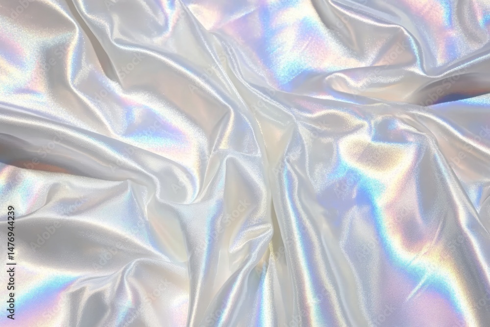 Poster iridescent white fabric texture with rainbow sheen and holographic sparkle shimmering on soft draped