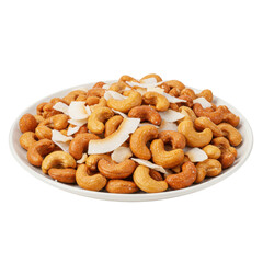 A close-up view of a plate filled with roasted cashews and coconut flakes, showcasing a healthy snack option