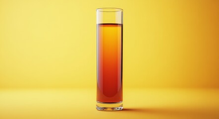 A glass test tube filled with vibrant orange liquid is positioned on a yellow background to convey the intersection of science and artistic expression