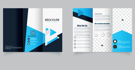 Modern Corporate Trifold Brochure Template with Blue Accents. A professional and modern trifold brochure template featuring a bold geometric layout in blue tones