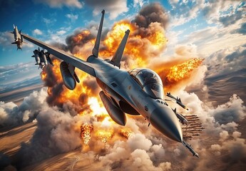 Fighter jet with missiles flying over desert explosions.