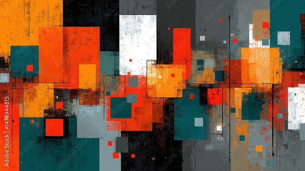 Fototapete Abstract digital artwork with vibrant mosaic of squares, rectangles. Geometric design features mix of orange, teal elements, creating eye-catching pattern. Ideal for website backgrounds, tech