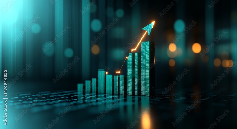 Poster an upward arrow and green bar graph symbolize the notion of increasing achievement and prosperity