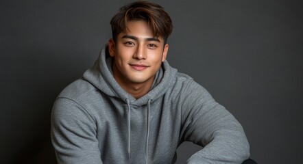 Obraz premium The image features a young man in a gray hoodie, conveying a sense of casual style and relaxation