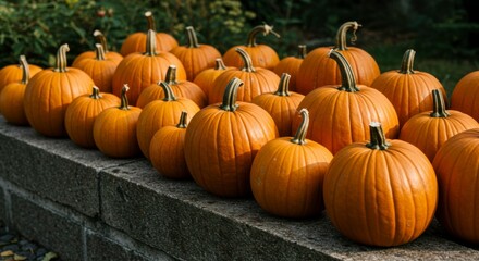 Pumpkins on a stone wall