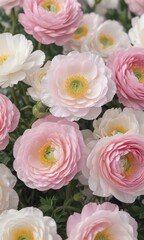 Delicate pink & white ranunculus blossoms, vibrant spring petals close-up , white, pretty, bud