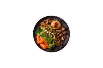 Food bowl with tofu, quinoa, broccoli and carrots, microgreens