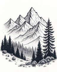 Hand-Drawn Mountain and Forest Scenery in Vector Style