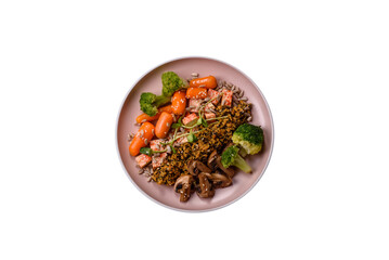Food bowl with tofu, quinoa, broccoli and carrots, microgreens