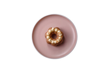 Round chocolate tart or pie with cream berry filling