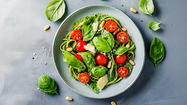 Fresh basil pesto spaghetti with cherry tomatoes and pine nuts on plate.