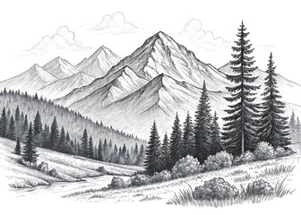 Hand-Drawn Mountain and Forest Scenery in Vector Style