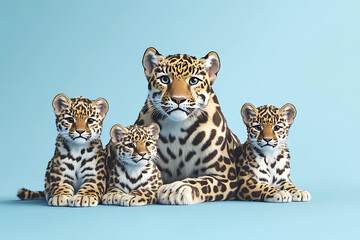 Obraz premium A family of leopards resting together against a soft blue background, showcasing their playful nature