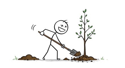 Joyful Stick Figure Planting a Sapling with Shovel on White Back