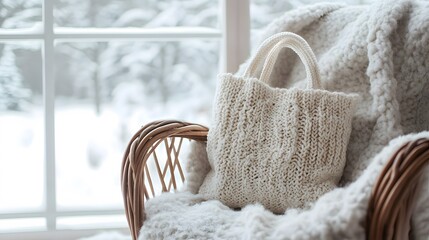 Knitted handbag on a cozy winter chair