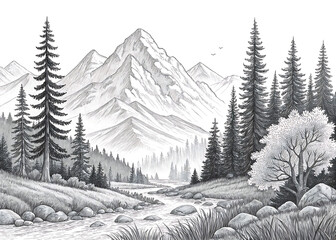 Hand-Drawn Nature Illustration of Mountains and Forest