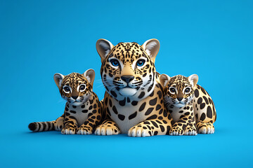 Fototapeta premium A family of cartoon leopards resting together on a vibrant blue background, showcasing their playful nature