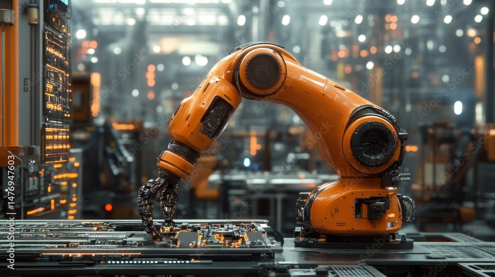 Poster robotic arm working on circuit board in a futuristic factory