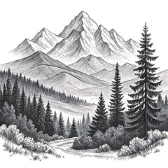 Hand-Drawn Nature Illustration of Mountains and Forest