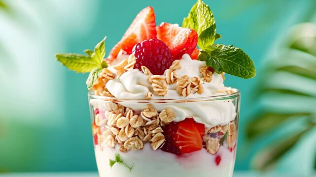 Refreshing fruit yogurt parfait with berries and granola on a tropical background.