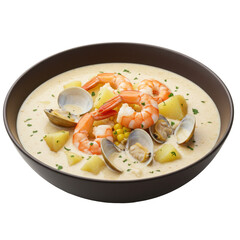 A vibrant seafood chowder featuring shrimp and clams in a rich broth, garnished with herbs