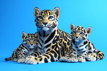 Naklejka premium Three playful leopards resting together on a vibrant blue background, showcasing their unique patterns