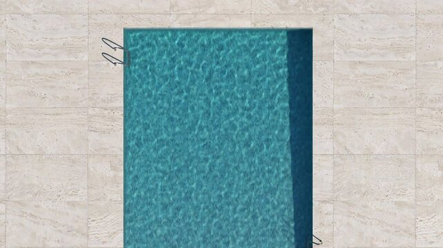 Summer pool scene in seamless overhead loop with blue water, white umbrellas, loungers, and travertine tiles, capturing a tranquil resort atmosphere and holiday relaxation.