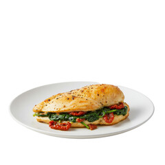 Grilled chicken breast stuffed with spinach and sun-dried tomatoes on a white plate