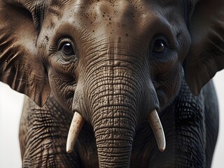 Close up of an elephants face featuring its trunk, tusks, eyes, and textured skin. The image highlights the animals features in detail.