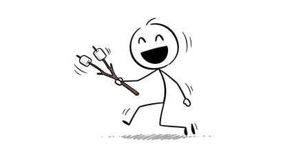 Joyful stick figure running with marshmallows on sticks celebrating camping trip