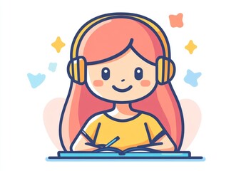 A diligent girl with headphones on, dedicated to writing in her notebook as a means of fostering innovative learning and scholarly development