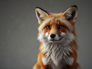 Portrait of a red fox against a neutral background. The fox has amber eyes, orange and white fur, and a curious expression. Wildlife concept.