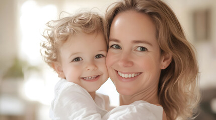 A loving mother holding her toddler close, both smiling brightly at the camera. A tender moment of family connection