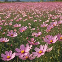 Endless rows of cosmos, gentle breeze swaying petals,  vibrant,  breeze,  landscape