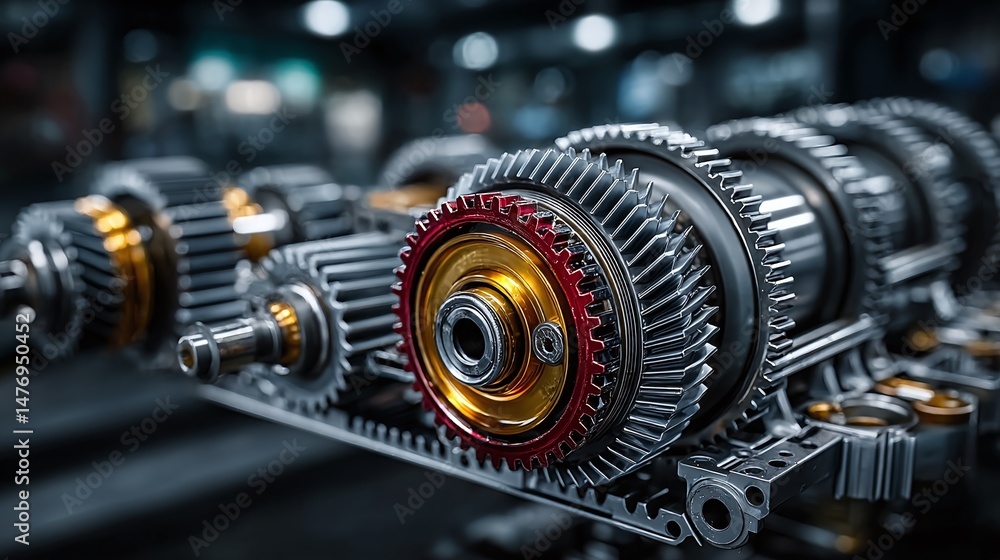 Poster disassembled car automatic transmission gears in workshop. engineering, mechanical design, auto part