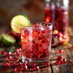 A vibrant glass of pomegranate juice over ice cubes, surrounded by pomegranate seeds and a slice of lime, resting on a wooden surface.
