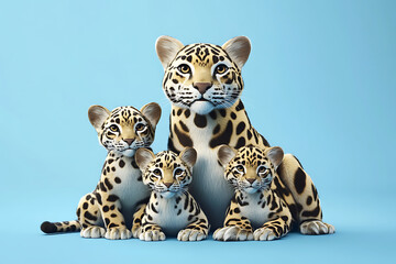 Fototapeta premium A family of cartoon leopards, including a mother and three cubs, against a bright blue background