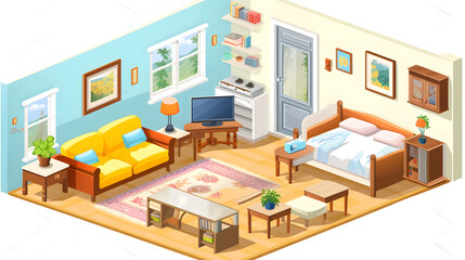 Detailed Isometric Living Room Cutaway Illustration for Interior Design Concepts