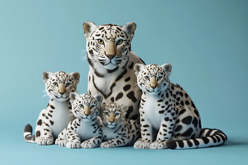 Fototapeta premium A majestic snow leopard mother and her four playful cubs sit together against a soft blue background